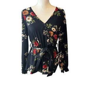 SHEIN Navy Blue Floral Long Sleeve Blouse Size XL